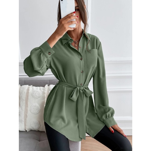 long sleeve Button down Belted tunic length Shirt black - Picture 10 of 11